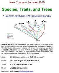 Event flyer for Species, Traits and Trees course, Summer 2016